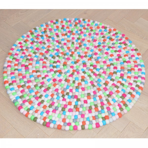 Tapis de boules en laine Etoile 90 cm - gris vert orange fushia bleu