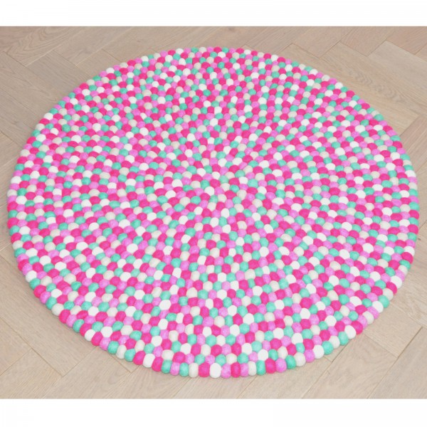 Tapis de boules en laine Grenade 90 cm - fushia menthe blanc