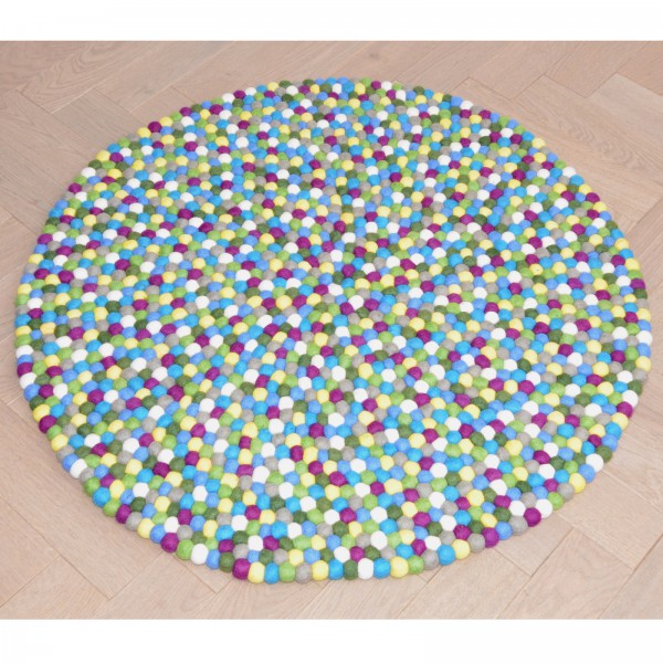 Tapis de boules en laine Jungle 90 cm - vert violet bleu jaune